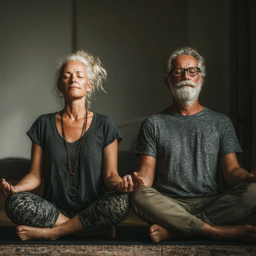 Літня жінка займається йогою