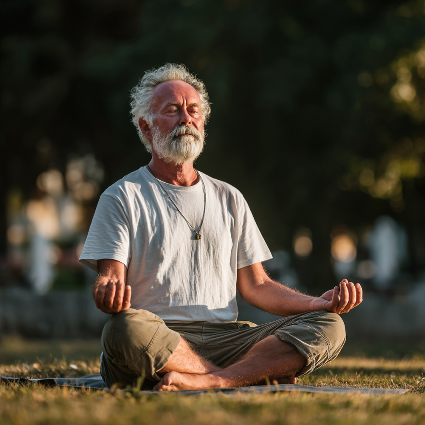 Група літніх людей займається йогою
