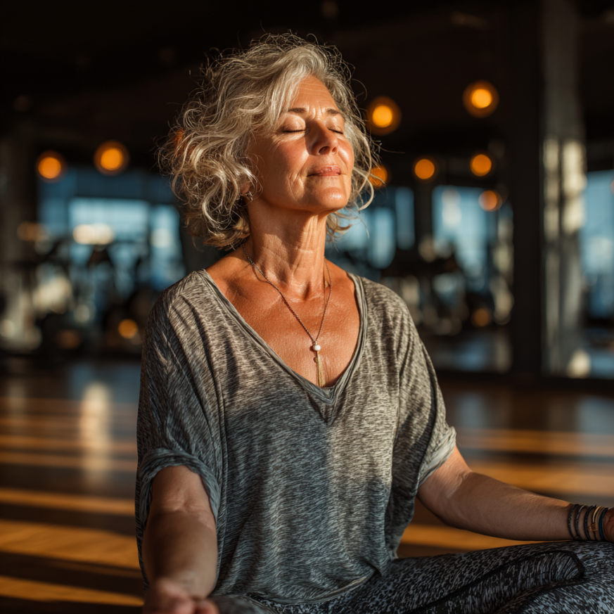 Інструктор допомагає літній жінці з йогою